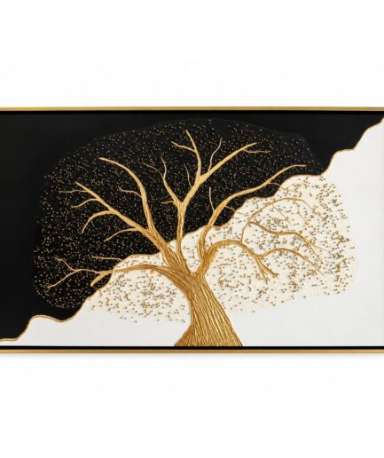 Cuadro Decorativo Árbol Abstracto Dorado en Fondo Blanco y Negro